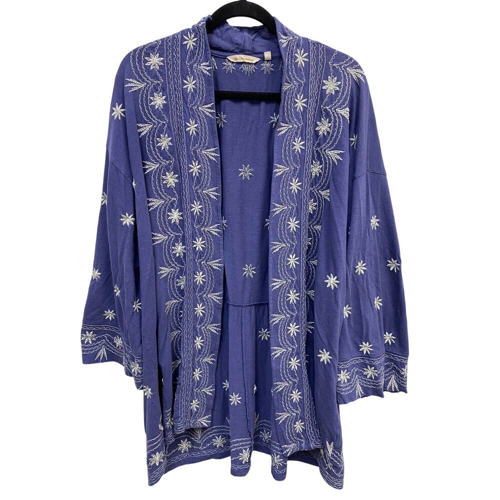 Soft Surroundings Jovie Blue Silver Embroidered Kimono Cardigan L/XL Lagenlook
